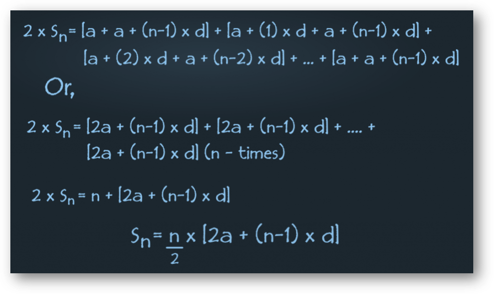Sum of n terms in arithmetic sequence (ap)-proof, solved examples, faqs-anand classes Derivation of sum of n terms in arithmetic sequence formula