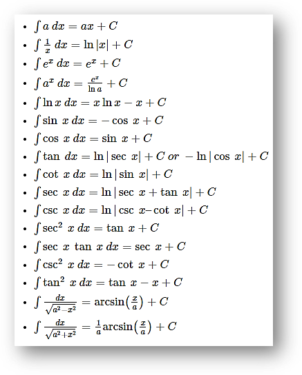 Integral calculus formulas